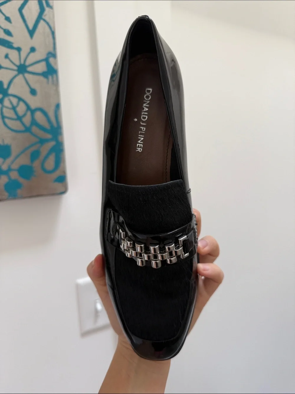 Donald J. Pliner Black Patent & Haircalf Loafers with Silver Chain
